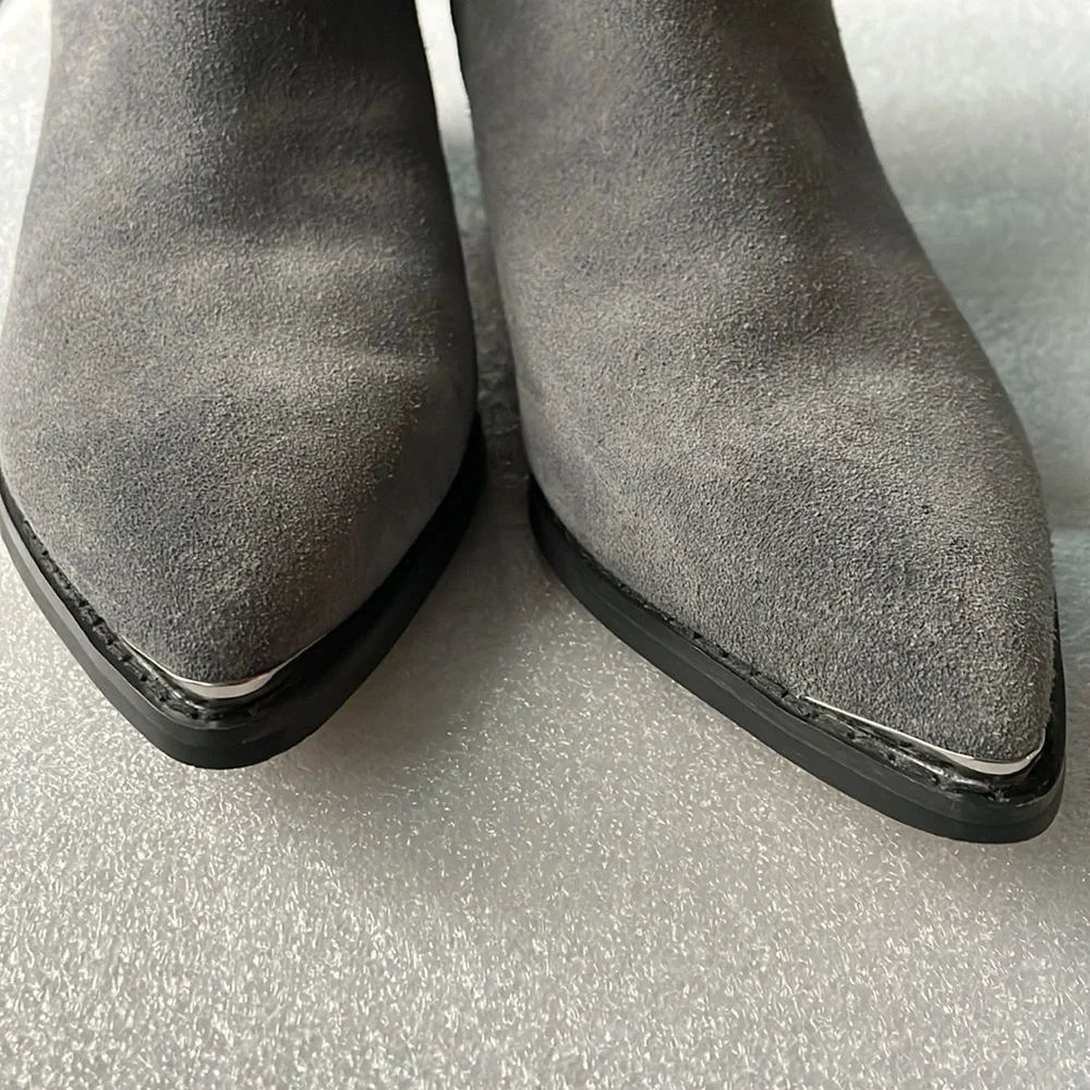 Marc Fisher Ankle Boots Size 7 Gray Suede Pointed Toe Chunky Heel Decor Toe Tips - Picture 2 of 13